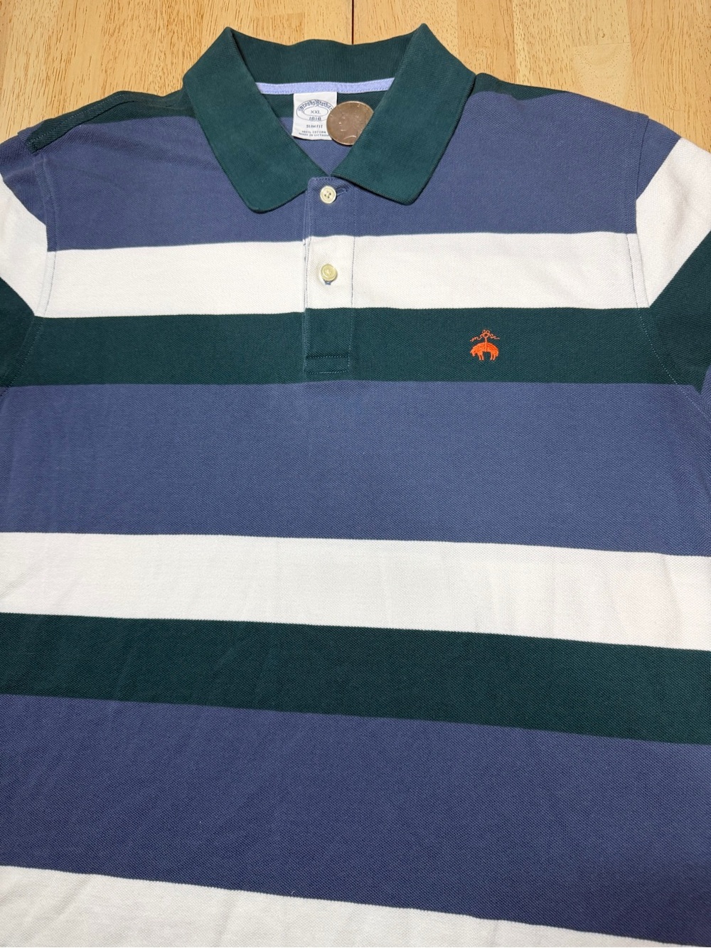 Brooks Brothers Slim Fit Striped Polo Shirt Navy White Green Mens XXL 2XL